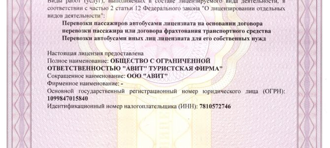 Пассажирские перевозки Лицензия АК-78-000465 от 25.06.2019 года
